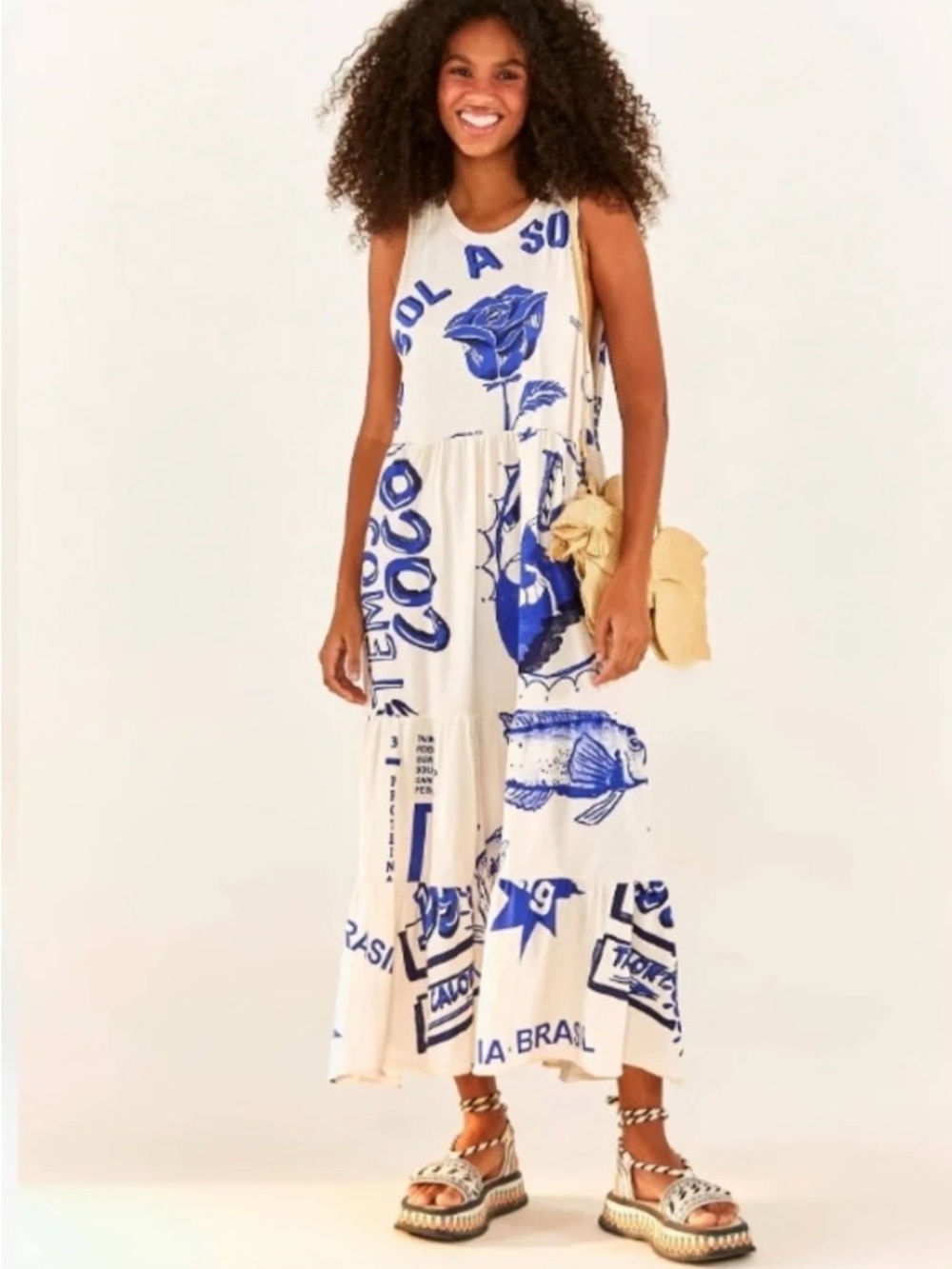 FARM Rio White Rainha Das Aguas Tee Shirt Dress Tiered Novelty Organic Cotton